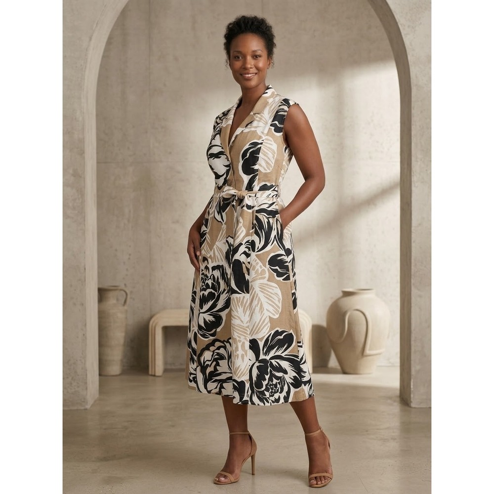 Donna Karan NY Linen Blend Belted Wrap Dress Size 12 Tan Black Palm Resortwear